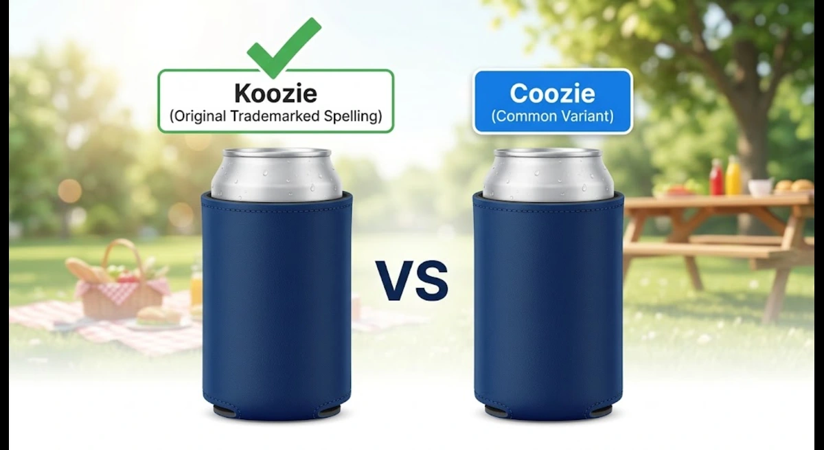 Koozie vs Coozie side-by-side drink sleeve comparison banner
