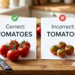 A visual comparison on a wooden cutting board showing a bunch of fresh red tomatoes on the left marked with a green checkmark as "Correct: TOMATOES", and a cluster of tomatoes on the right marked with a red X as "Incorrect: TOMATOS".