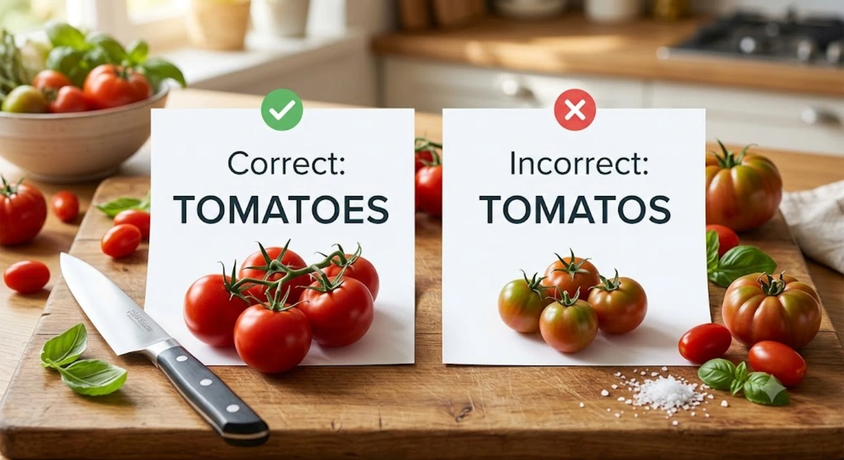 A visual comparison on a wooden cutting board showing a bunch of fresh red tomatoes on the left marked with a green checkmark as "Correct: TOMATOES", and a cluster of tomatoes on the right marked with a red X as "Incorrect: TOMATOS".