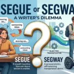 Graphic explaining the difference between Segway or segue, showing a smooth transition icon next to a two-wheeled personal transporter.