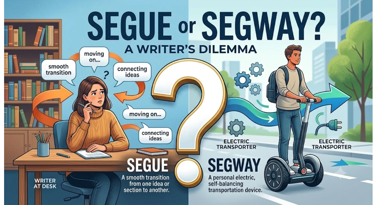 Graphic explaining the difference between Segway or segue, showing a smooth transition icon next to a two-wheeled personal transporter.
